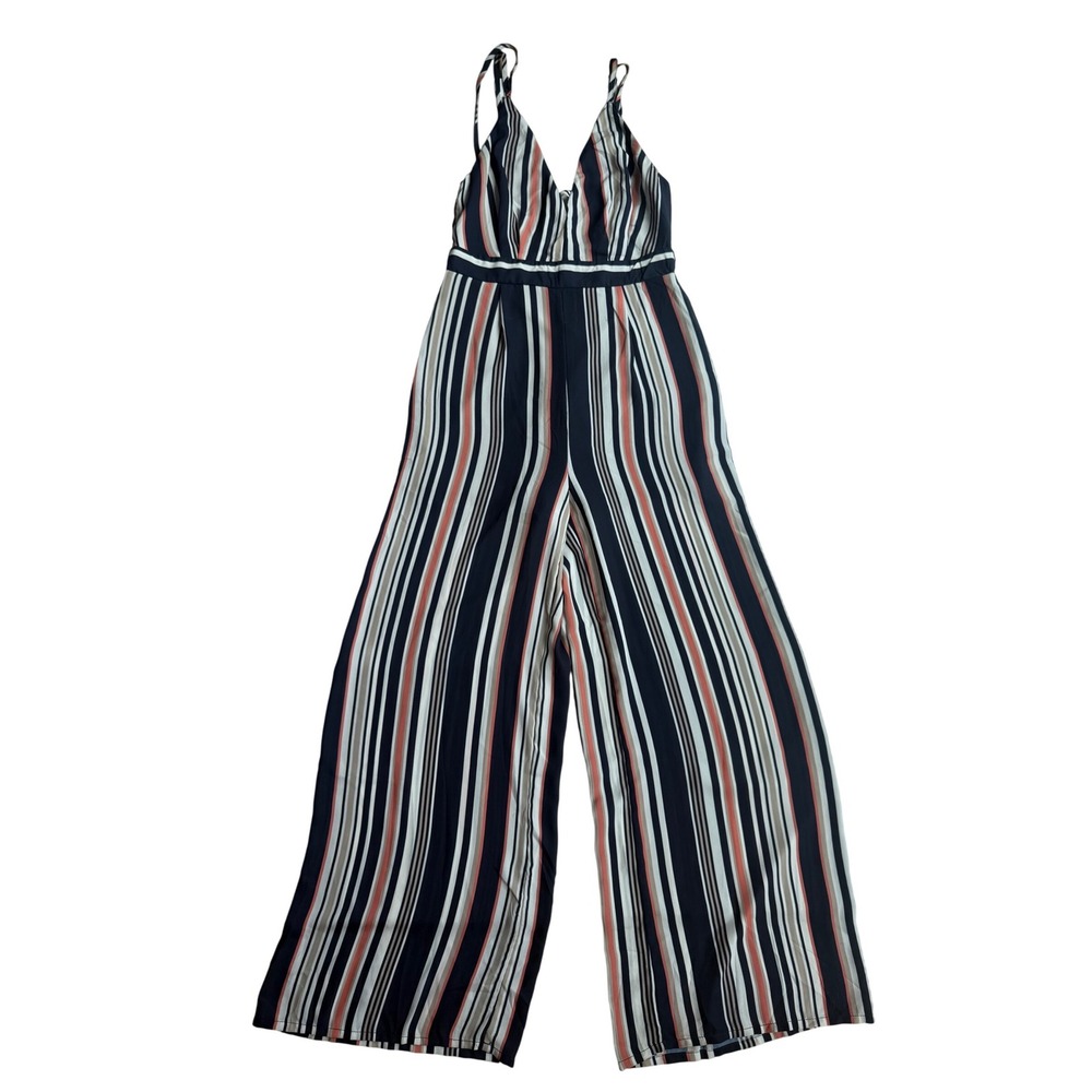 Papaya USA Striped Wide Leg Jumpsuit Navy Coral White V-Neck Size M